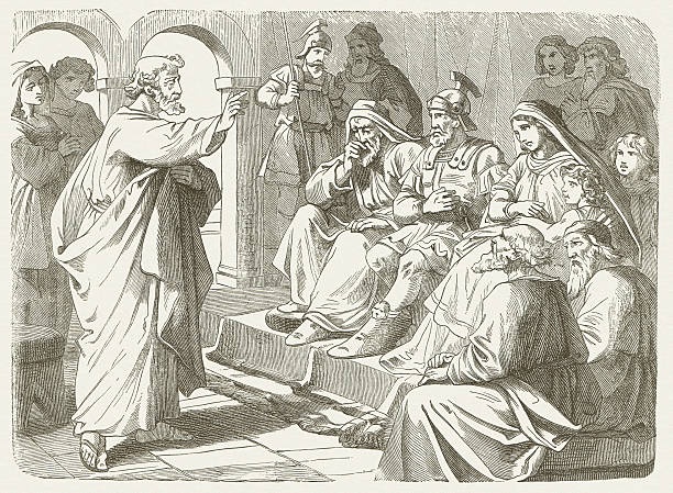 Peter's sermon at Cornelius (Acts 10), wood engraving, published 1877 Peter's sermon at Cornelius (Acts, Chapter 10, 24-48). Woodcut engraving after a drawing by Julius Schnorr von Carolsfeld (German painter, 1794 - 1872), published in 1877. peter the apostle stock illustrations
