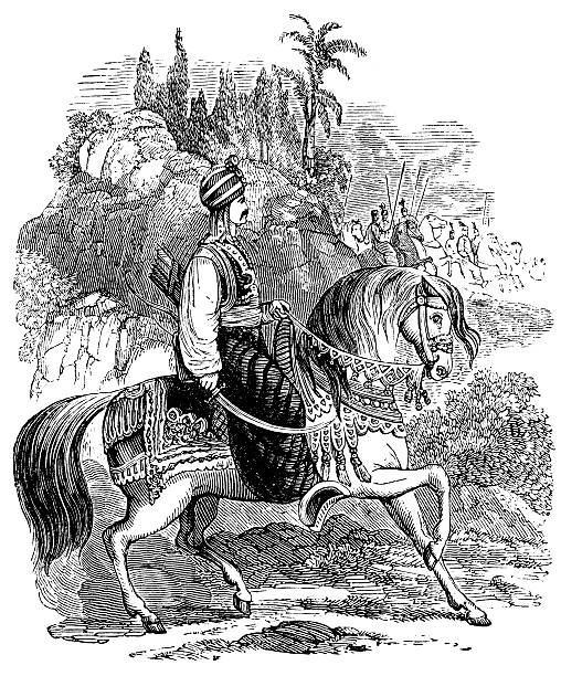 Saladin Engraving From 1867 Featuring The First Sultan Of Egypt And Founder Of The Ayyubid Dynasty. arab man riding horse stock illustrations