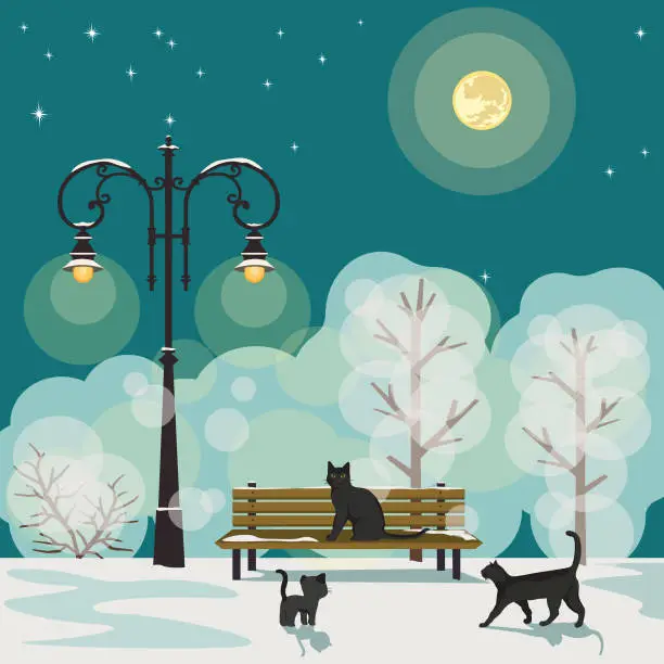 Vector illustration of Winter city park and family of cats