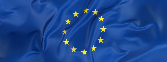 Professional waist up portrait of young female executive looking at camera and smiling while standing with arms crossed against EU flag in background, copy space