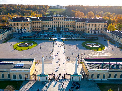 Aerial view of  Schonbrunn Palace with  Gloriette pavilion in background, Vienna