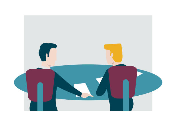 istock Two business men wearing suit sitting around a table with documents and papers in a meeting room. Back view, rear view. Flat style colorful vector illustration isolated on white background. 1849808915