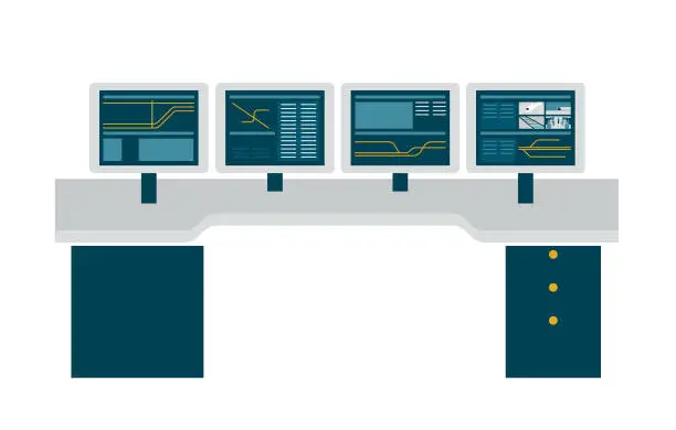 Vector illustration of Computer monitors on a desk, screens showing control and surveillance system and cameras. Flat style colorful vector illustration.