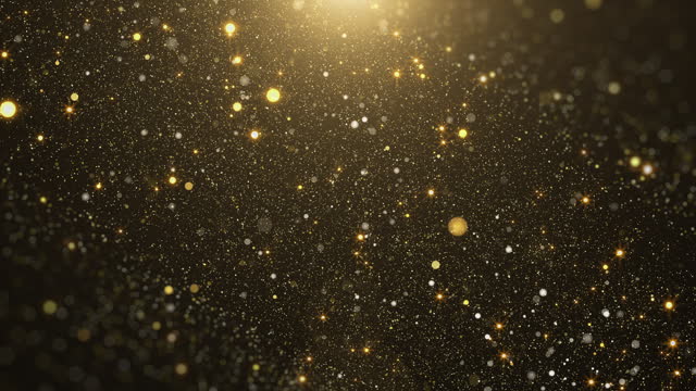 Golden glittering sparkle, flickering particle fly through. Glamour gold lens flare, bokeh dynamic flowing in the air, space for new year, Christmas 4K motion loop