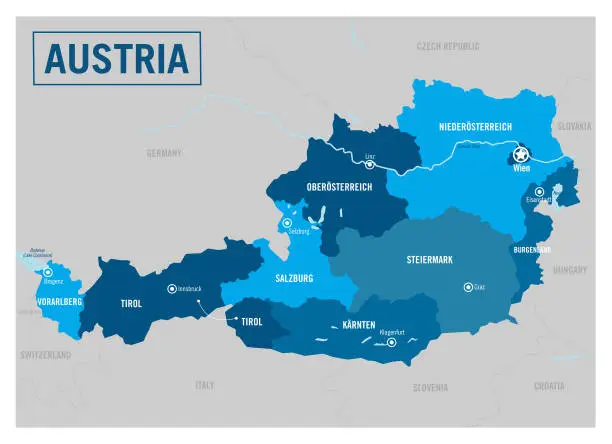Vector illustration of Austria country political map. Europe. Detailed vector illustration with isolated provinces, departments, regions, cities and states easy to ungroup.