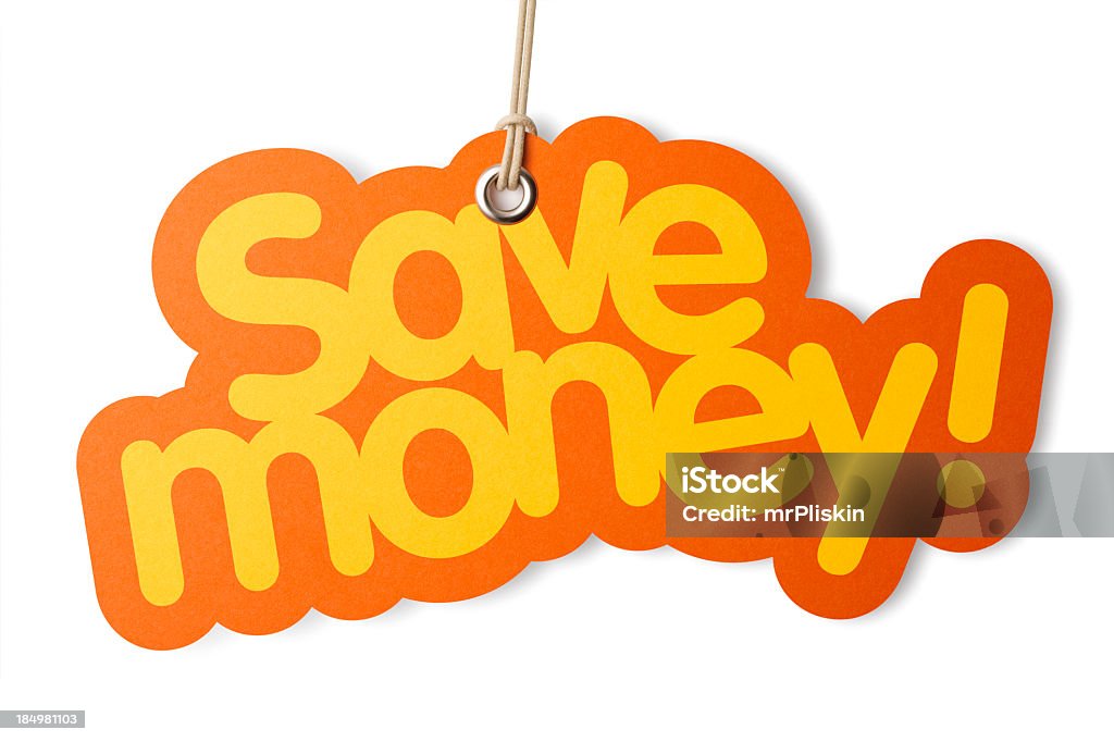 Ahorra dinero en forma de etiqueta con etiqueta de precio - Foto de stock de Ahorros libre de derechos