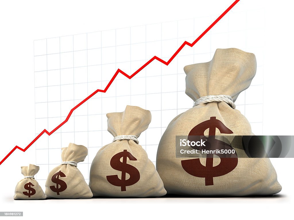 Fila de arpillera sacos de dinero aumentar de tamaño - Foto de stock de Etiqueta de precio libre de derechos