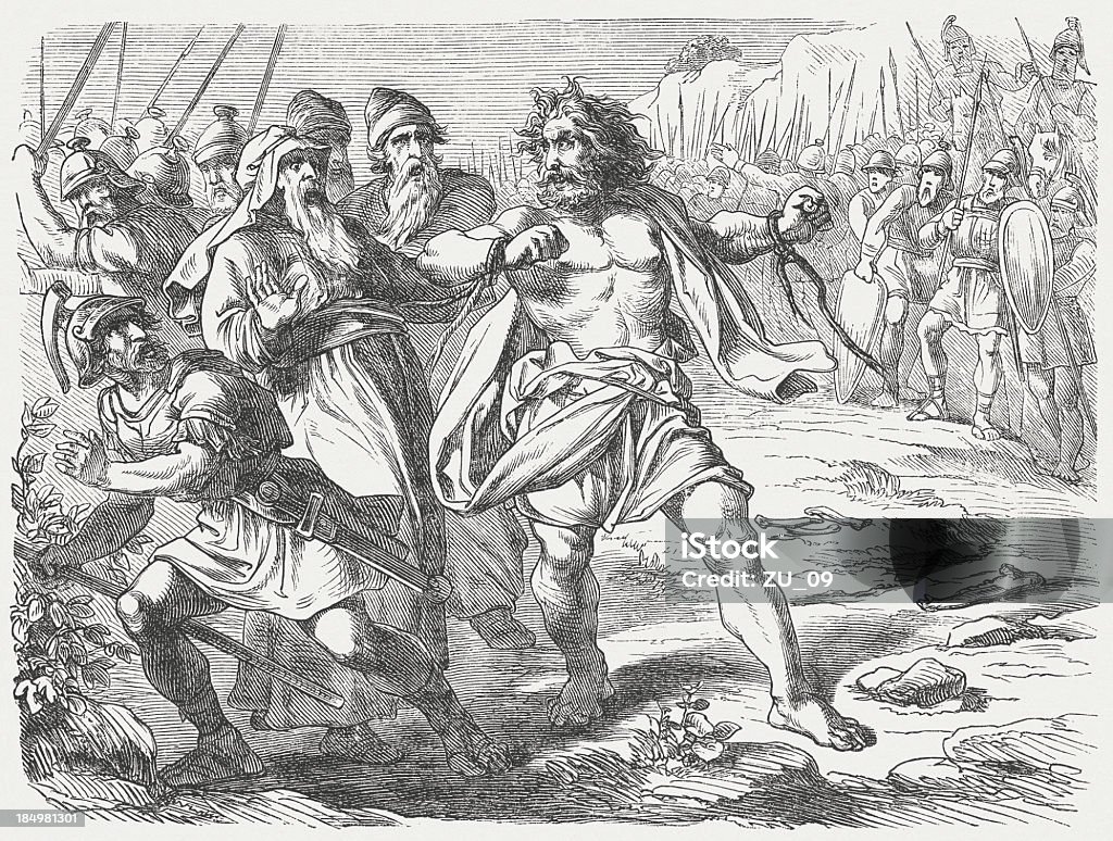 Samson breaking his bonds (Judges 15, 12-14), published 1877 "They said to him, aWe have come down to take you prisoner so we can hand you over to the Philistines.aA Samson said to them, aPromise me you will not kill me.aA They said to him, aWe promise! We will only take you prisoner and hand you over to them. We promise not to kill you.aA They tied him up with two brand new ropes and led him up from the cliff. When he arrived in Lehi, the Philistines shouted as they approached him. But the Lordaas spirit empowered him. The ropes around his arms were like flax dissolving in fire, and they melted away from his hands. (Judges, Chapter 15, 12-14). Woodcut after a drawing by Julius Schnorr von Carolsfeld (German painter, 1794 - 1872) from my archive, published in 1877." Judge - Law stock illustration