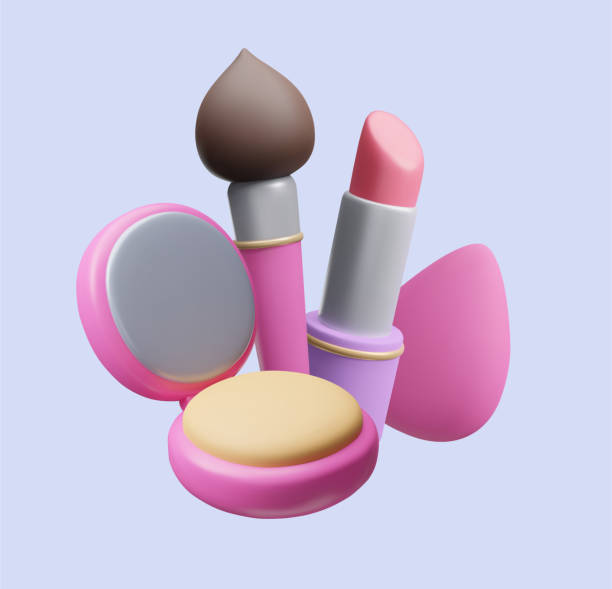 istock 3D makeup cosmetic product set advertising showcase scene. Cute 3D facial compact powder palette, makeup brush, lipstick and makeup sponge isolated on blue background. Beauty cosmetic mockup render. 1849813814
