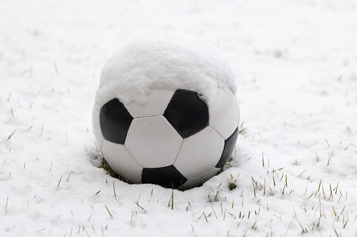 Black and white ball on snowy grass