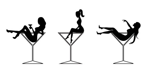 иконка из стекла мартини и силуэт девушки для бара или ночного клуба - bar women silhouette child stock illustrations
