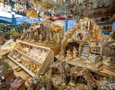 Rome, Italy - December 07, 2023: Nativity scenes for sale at the Christmas market in Piazza Navona.