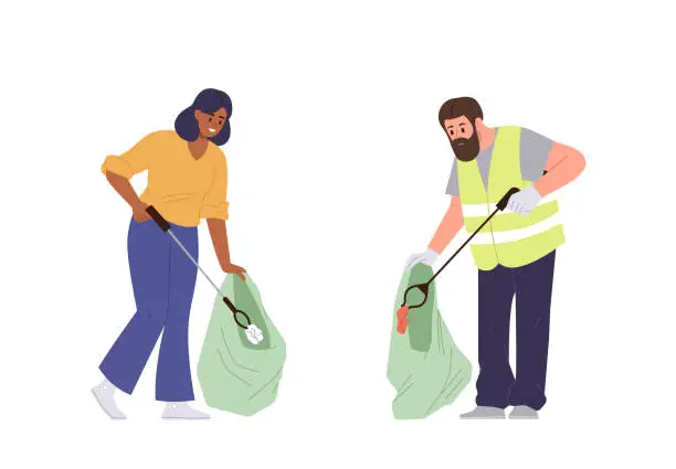 Vector illustration of Man and woman volunteer cartoon characters picking garbage into plastic packet cleaning nature