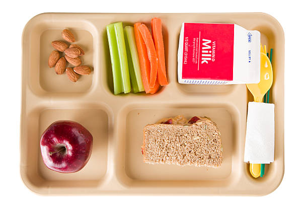 Healthy School Lunch An overhead close up of a tray containing a healthy school lunch. It consists of crunchy peanut butter and jelly sandwich on whole wheat multigrain bread, celery sticks, carrot sticks, almonds, a red apple and milk. Isolated on white. school lunch stock pictures, royalty-free photos & images