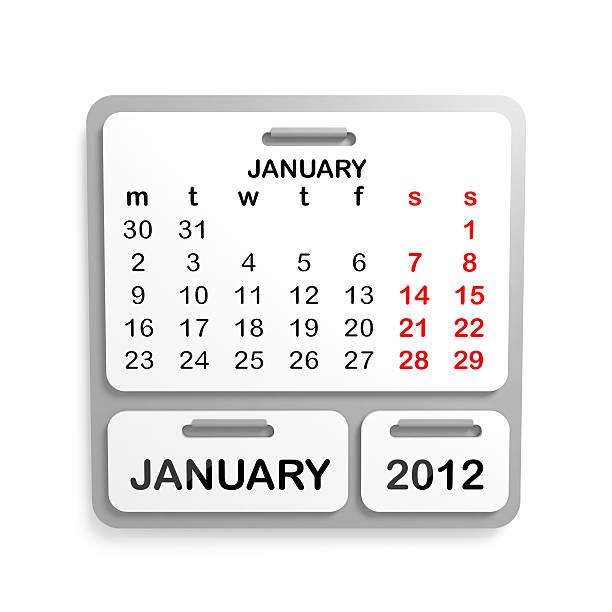 Metal Calendar - January 2012 A metal wall calendar isolated on a white background. Clipping path supplied with file.Check out the other images in this series here... january 2012 calendar stock pictures, royalty-free photos & images