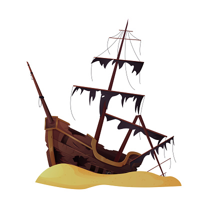 Sunken damaged pirate ship in sand, broken wooden boat after shipwreck vector illustration