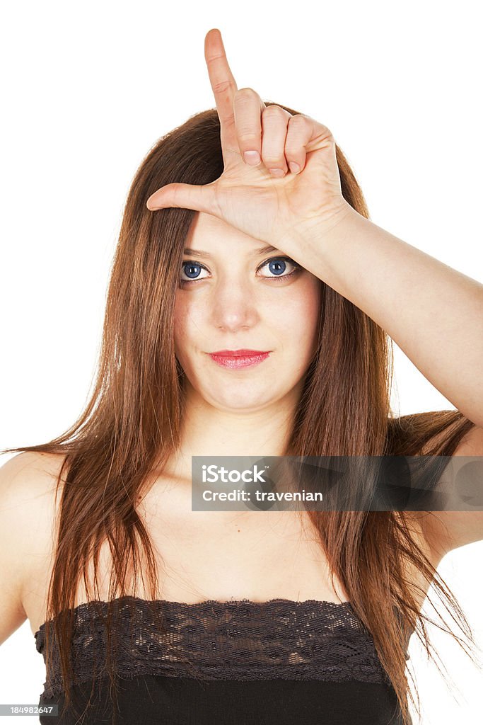 젊은 여자 표시중 L 팻말 자신의 손으로 looser - 로열티 프리 20-29세 스톡 사진