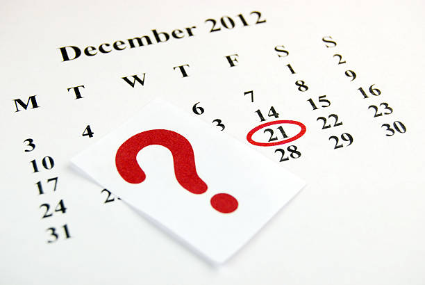 December 21 December 21 - Encircled in red. A question mark cutting. Depth of field. 2012 stock pictures, royalty-free photos & images