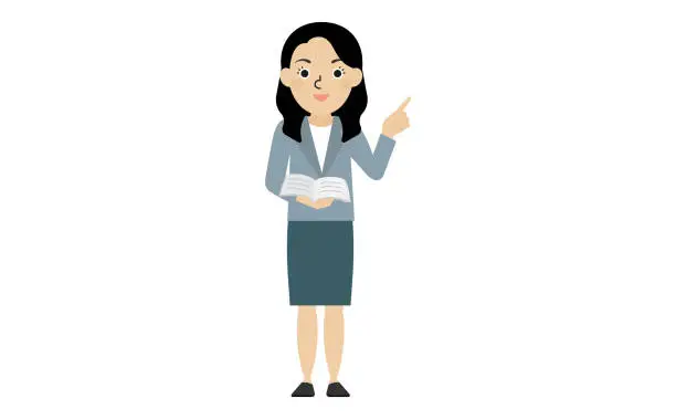 Vector illustration of A Japanese woman in a suit holding an open book and explaining by pointing.