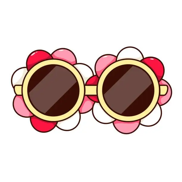 Vector illustration of Groovy Cartoon Sunglasses With Flowers Frames