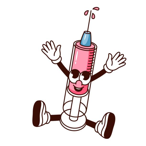 Groovy Syringe Cartoon Character With Vaccine Groovy syringe cartoon character with vaccine. Funny plastic syringe with needle to inject medicine, retro cartoon medical injection mascot with happy face, sticker of 70s 80s vector illustration flu shot happy stock illustrations