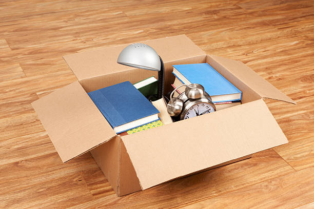istock Books, Lamp, and Alarm Clock in a Cardboard Box 184983065