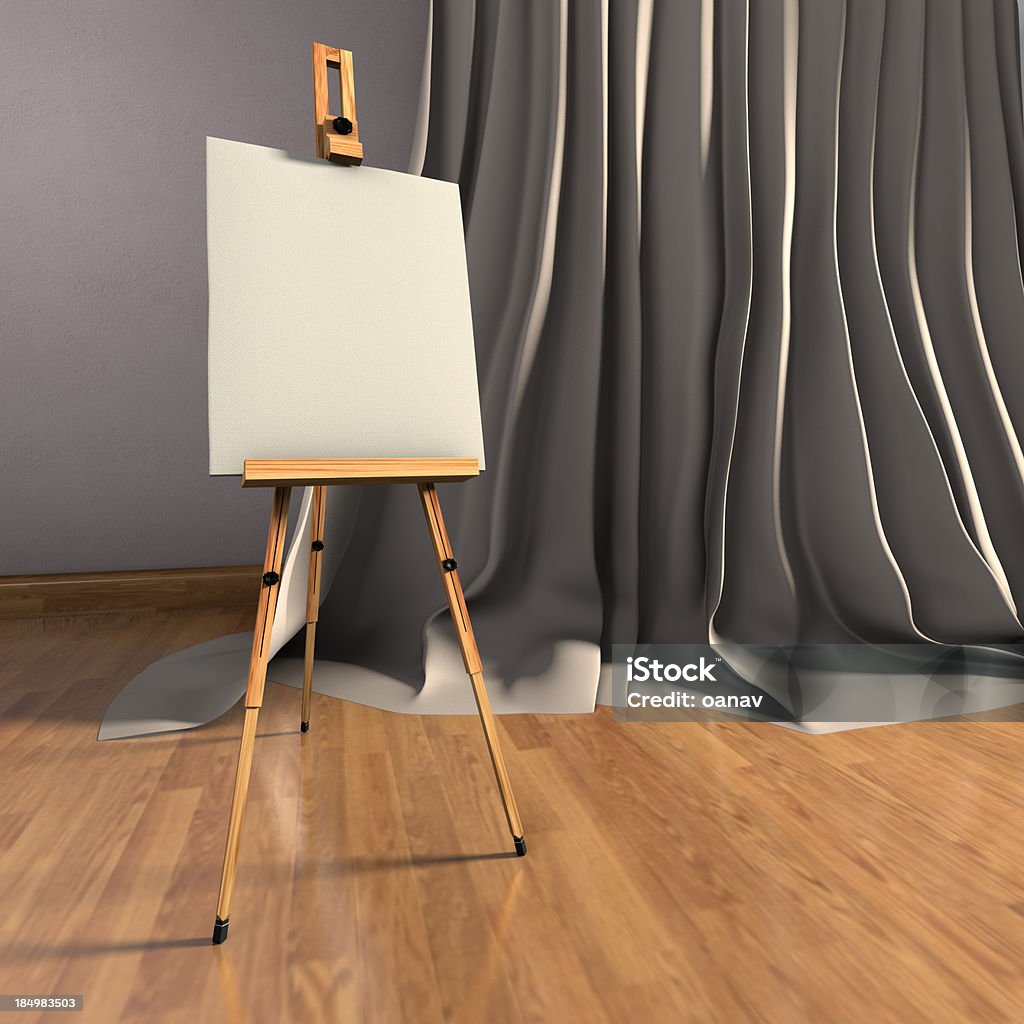 Blank canvas on easel "Wooden artist easel with blank canvas on a curtain backdrop, 3d render." Easel Stock Photo