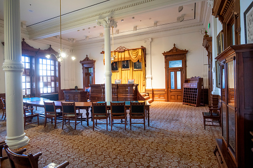 Austin, Texas - November 3, 2023: inside the state capitol supreme court room of Texas in Austin, USA.