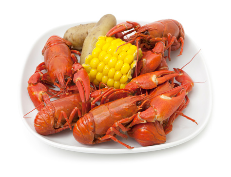 Plate of crawdads, corn, and potatoes