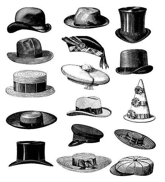 collection of old-fashion vintage male classic hats all types - britanya kültürü illüstrasyonlar stock illustrations