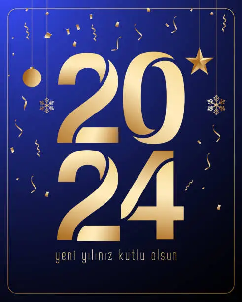 Vector illustration of Yeni yıl ve mutlu yillar 2024 2025 tebrik karti. Translation: merry christmas and happy new year 2024 2025 greeting card.