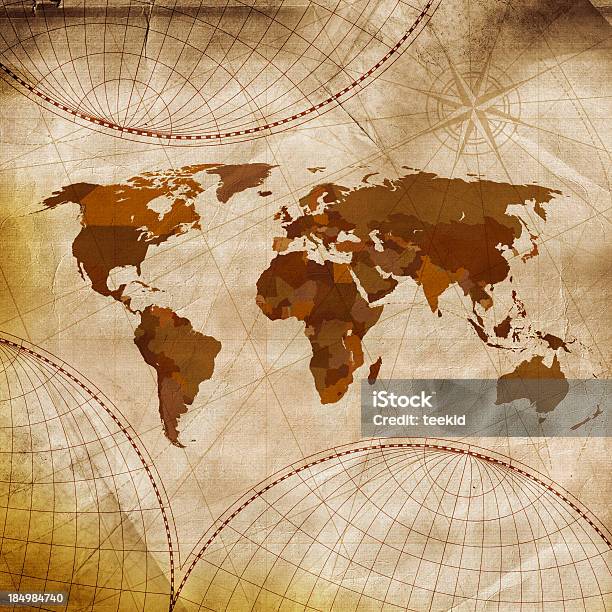 Foto de Mapa Do Mundo Antigo Em Tons De Marrom E Branco e mais fotos de stock de Bússola - Bússola, Mapa-múndi, África