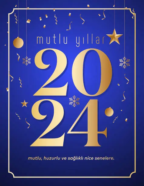 Vector illustration of Yeni yıl ve mutlu yillar 2024 2025 tebrik karti. Translation: merry christmas and happy new year 2024 2025 greeting card.