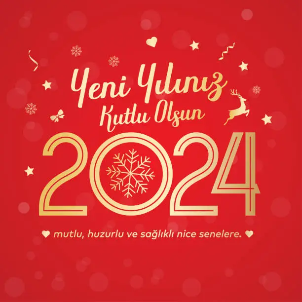 Vector illustration of Yeni yıl ve mutlu yillar 2024 2025 tebrik karti. Translation: merry christmas and happy new year 2024 2025 greeting card.