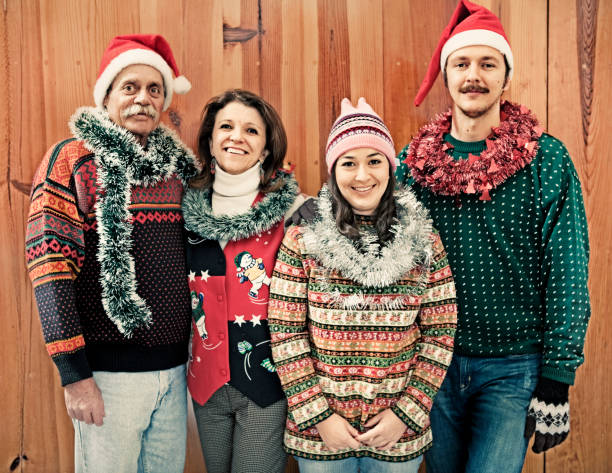 Xmas kitsch portrait Portrait of a family in Christmas time. kitsch photos stock pictures, royalty-free photos & images