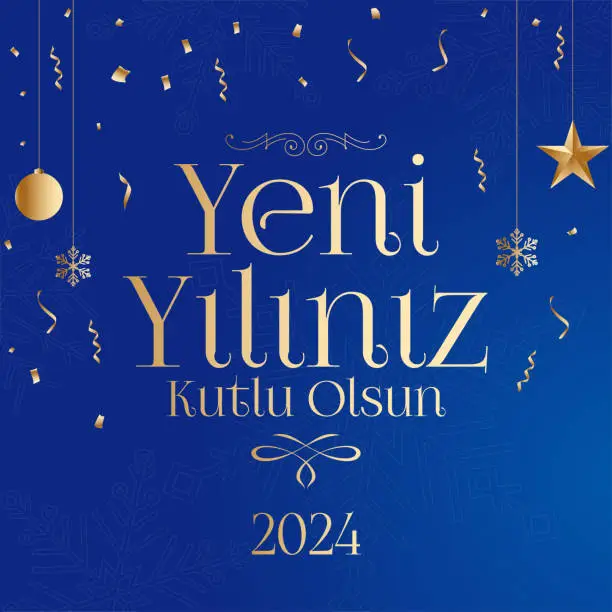 Vector illustration of Yeni yıl ve mutlu yillar 2024 2025 tebrik karti. Translation: merry christmas and happy new year 2024 2025 greeting card.