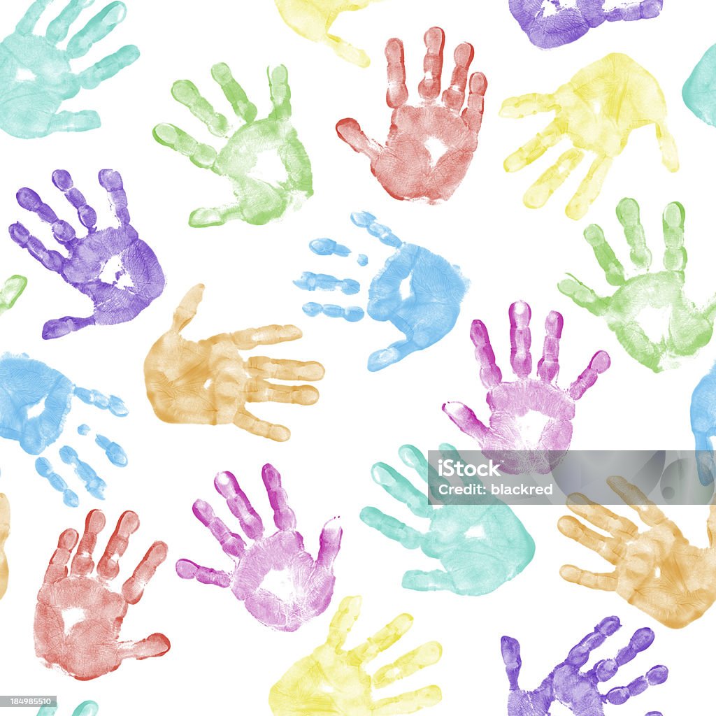 Seamless Child Hand Print Pattern "Seamless repeating colorful children hand prints pattern, isolated on white background.Similar images -" Handprint Stock Photo