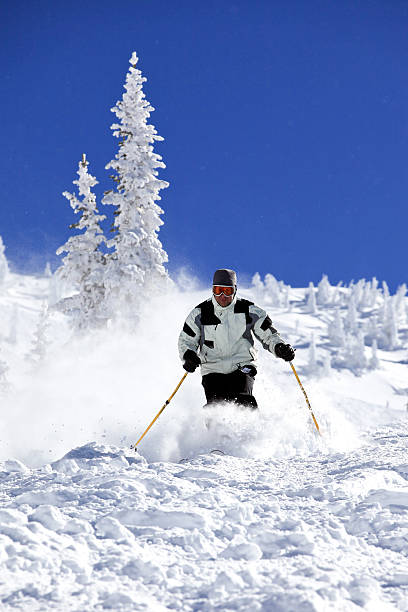 istock Man Skier in Action in Powder Snow With Clear Sky 184985812