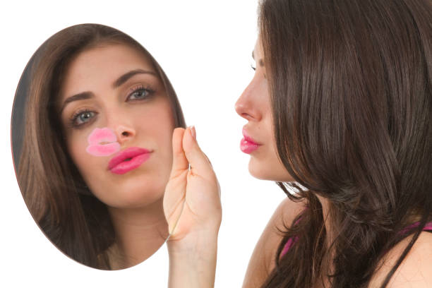 beauty-konzept - mirror women kissing human face stock-fotos und bilder