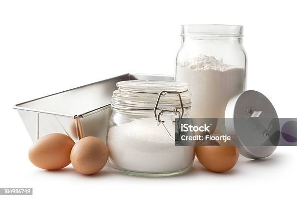 Baking Ingredients Eggs Sugar And Flour Stock Photo - Download Image Now - Flour, Sugar - Food, Jar