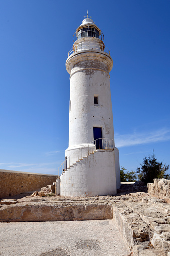 Paphos, Cyprus - October 02, 2023: The Paphos Lighthouse in Archaeological area of Kato Paphos - a UNESCO world heritage site, Paphos aka Pafos was European Capital of Culture in 2017