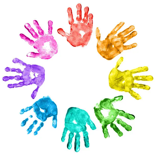 "Rainbow colored children hand prints forming a circle, isolated on white background.Similar images -"