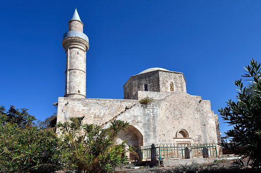 Cyprus, Agia Sophia Mosque with old grave in old town of Paphos aka Pafos - city was European Capital of Culture in 2017