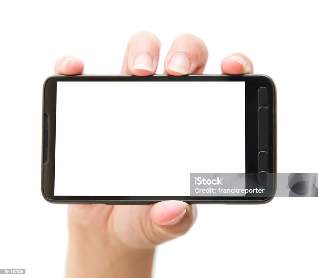 Ręka trzyma smartphone z pustego ekranu - Zbiór zdjęć royalty-free (Telefon przenośny)