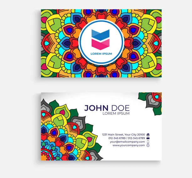 Vector illustration of Ornate Circular Mandala Multicolored Business Card Design