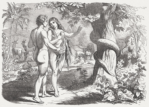 When the woman saw that the tree produced fruit that was good for food, was attractive to the eye, and was desirable for making one wise, she took some of its fruit and ate it. She also gave some of it to her husband who was with her, and he ate it. (Genesis, Chapter 3, 6). Woodcut engraving after a drawing by Julius Schnorr von Carolsfeld (German painter, 1794 - 1872), published in 1877.