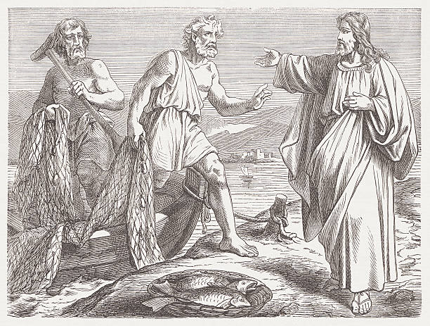 Jesus calls Peter and Andrew (Mark 1, 16-18) As he went along the Sea of Galilee, he saw Simon and Andrew, Simon’s brother, casting a net into the sea (for they were fishermen). Jesus said to them, “Follow me, and I will turn you into fishers of people.” They left their nets immediately and followed him. (Mark, Chapter 1, 16-18). Woodcut engraving after a drawing by Julius Schnorr von Carolsfeld (German painter, 1794 - 1872), published in 1877. peter the apostle stock illustrations