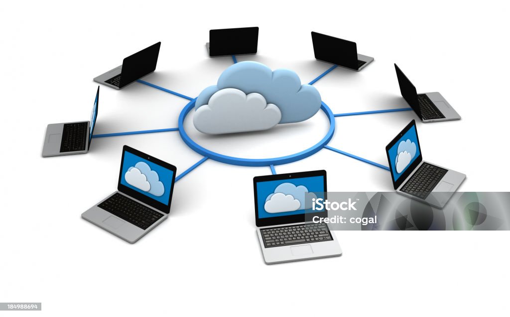 Computação em nuvem e laptops. - Foto de stock de Computação em nuvem royalty-free