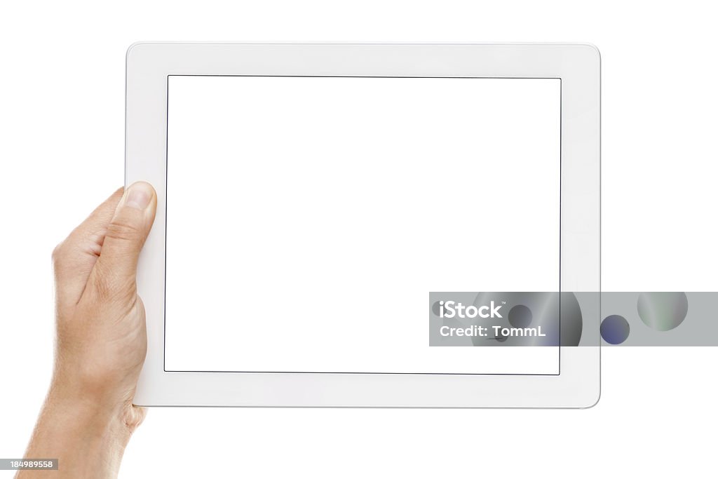 Mano agarrando una tableta digital con display de vacío - Foto de stock de Tableta digital libre de derechos