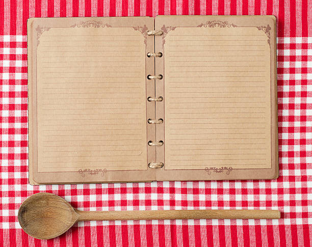 istock Wooden spoon and old notebook on red tableclot 184989676